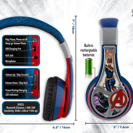 eKids Marvel Avengers Kids Bluetooth Headphones, Wireless Headphones with Microphone includes Aux Cord, Volume Reduced Kids Foldable Headphones for School, Home, or Travel