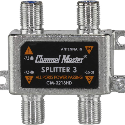 Channel Master Splitter 3, 3-Way Splitter with Power Passing Capability for TV Antenna and Cable Signals (3-Port, Chrome)