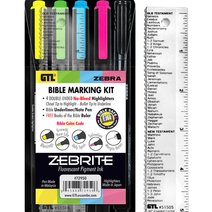G.T. Luscombe Company, Inc. Zebrite Bible Marking Kit | No Bleed Pigmented Ink | No Fading or Smearing | Double Ended Highlighters, Note Pen & Books of the Bible Ruler/Bookmark (Set of 5 + Ruler)