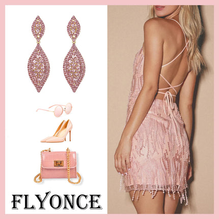 Flyonce Women's Rhinestone Crystal Wedding Bridal 2 Leaf Drop Dangle Chandelier Earrings Pink Gold-Tone