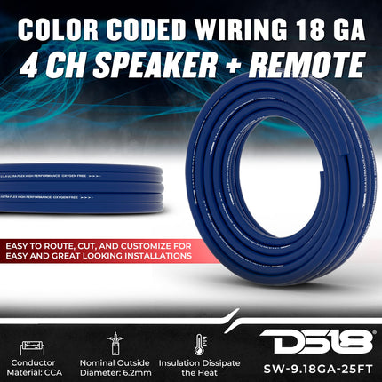 DS18 SW-9.18GA-25FT 9 Conductor 18 Gauge 4-Channel Ultra Flex 9 Wire Speaker Wire Speed Cables Hiding Speaker Wire Car Speaker Wire- 25 Feet Speedwire Multi Channel Cable