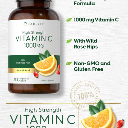 Carlyle Vitamin C 1000mg | 300 Vegetarian Caplets | Ascorbic Acid with Wild Rose HIPS | High Strength Formula | Non-GMO and Gluten Free Supplement