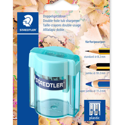 Staedtler 513 – Blister Pack 1 Plastic Pencil Sharpener 2 Uses with Transparent Container Assorted Colours
