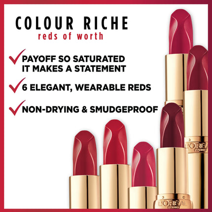 L'Oreal Paris Colour Riche Red Lipstick, Long Lasting, Satin Finish Smudge Proof Lipstick with Hydrating Argan Oil & Vitamin E, Reds of Worth, Lovely Red, 0.13 Oz