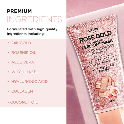 AZURE Rose Gold Hydrating Peel Off Face Mask- Dermatologist Tested - Anti Aging, Toning & Rejuvenating - Removes Blackheads, Dirt & Oils - Real 24K Gold & Rose Hip Oil - 5.07 fl.oz.
