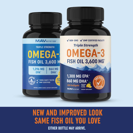 Triple Strength Omega 3 Fish Oil | 3600 mg EPA & DHA | Over 2100mg of Omega 3 Fatty Acids | 1300mg EPA + 860mg DHA | Best Essential Fatty Acids | Premium Burpless Softgel Supplements (120 Ct)