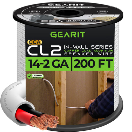 GearIT 14/2 Speaker Wire (200 Feet) 14 Gauge (Copper Clad Aluminum) - Fire Safety in Wall Rated Audio Speaker Wire Cable / CL2 Rated / 2 Conductors - CCA, 200ft