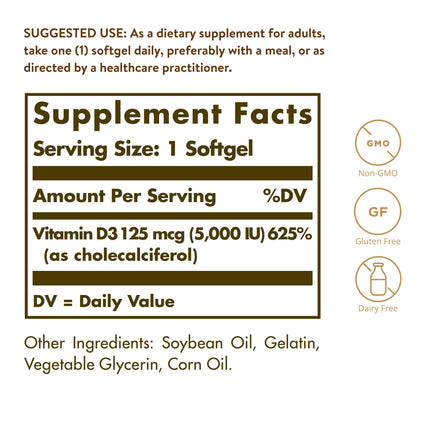 Solgar Vitamin D3 (Cholecalciferol) 125 mcg (5000 IU), 100 Softgels - Helps Maintain Healthy Bones & Teeth - Immune System Support - Non-GMO, Gluten Free, Dairy Free - 100 Servings