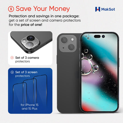 Buy Maksot 3 Pack Full Screen Protector for iPhone 15 with 3 Pack Camera Lens Protector (iPhone 15 [6.1 inch]) in India