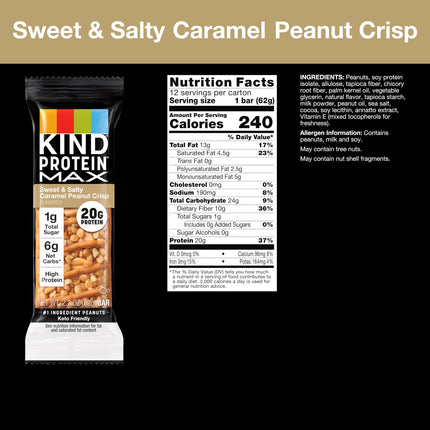 Buy KIND Protein MAX Sweet & Salty Caramel Peanut Crisp Snack Bars, Keto Friendly, 20g Protein, 12 Count in India