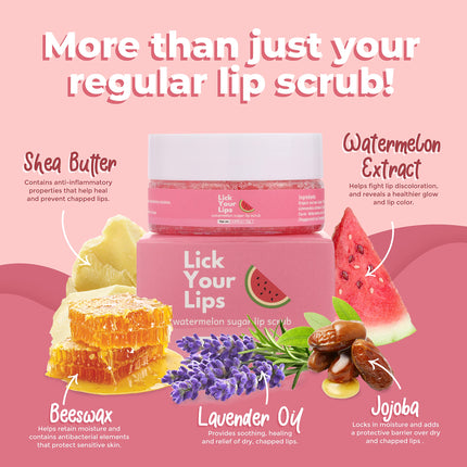 Lick Your Lips Watermelon Sugar Scrub for Dry, Cracked and Dark Lips – Organic Lip Scrubs Exfoliator and Moisturizer with Lip Brush – Vegan, Cruelty-Free Lip Care Product (20g)