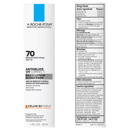 La Roche-Posay Anthelios UV Correct Sunscreen Moisturizer SPF 70, Daily Anti-Aging Face Moisturizer with Niacinamide to Even Skin Tone & Fine Lines, Sun Protection for Sensitive Skin