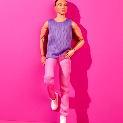 Barbie Looks Ken Doll with Black Hair Dressed in Purple Mesh Top and Pink Trousers, Posable Made to Move Body