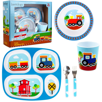 Bentology 5 Piece Train Themed Mealtime Set - Includes Plate, Bowl, Utensils, and Glass - Dishwasher Safe, Durable, BPA Free - Perfect for Kids