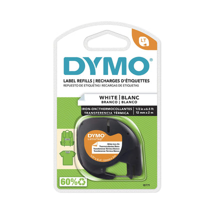 DYMO 18771 LT Iron-On Fabric Labels, 1/2-Inch x 6.5-Foot Roll, Black Print on White, Iron On, for LetraTag Printers