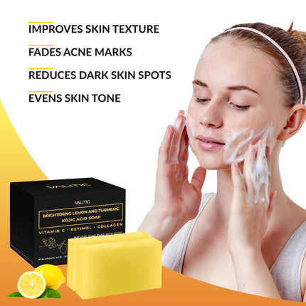 VALITIC Brightening Lemon & Turmeric Kojic Acid Soap with Vitamin C, Retinol, Collagen - Original Japanese Complex Infused with Hyaluronic Acid, Vitamin E, Shea Butter, Castile Olive Oil (2 Pack)