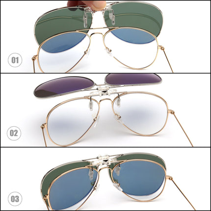 Retro Clip on Aviator Sunglasses Polarized Flip up Lenses Driving Eyeglasses Men (Silver/Polarized Grey)