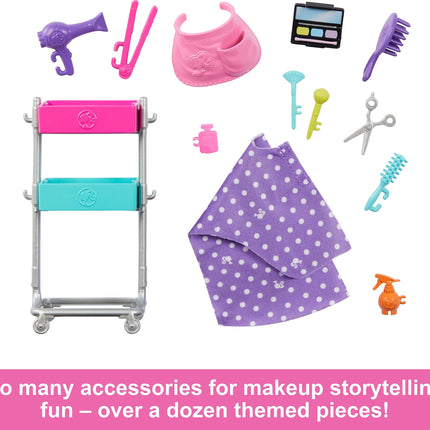 Barbie On-set Stylist Doll & 14 Accessories, Blonde Malibu Fashion Doll with Cart, Smock, Makeup Palette, Puppy & More