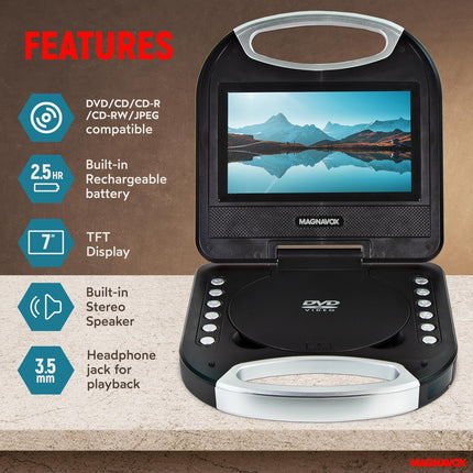 buy Magnavox MTFT750-BK Portable 7 inch TFT DVD/CD Player with Remote Control and Car Adapter in Black in India.