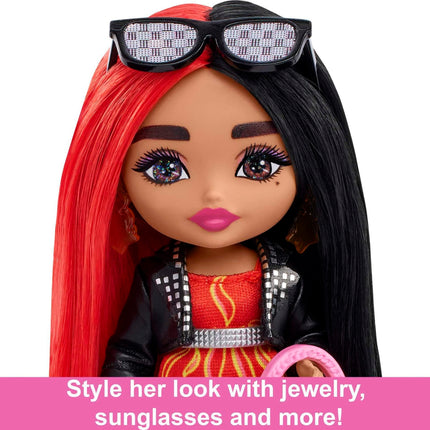 Barbie Extra Minis Doll & Accessories with Red & Black Hair, Toy Pieces Include Flame-Print Dress & Moto Jacket
