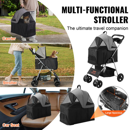 VEVOR 3 in 1 Dog Stroller For Medium Small Dogs Up to 35lbs, 4 Wheels Folding Pet Stroller For Dogs Cats With Detachable Carrier, Portable Cat Puppy Jogging Stroller With Storage Basket and Cup Holder
