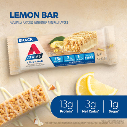 Buy Atkins Snack Bar, Lemon Bar, 13g Protein, 3g Net Carbs, 1g Sugar, Made with Real Almond Butter, in India