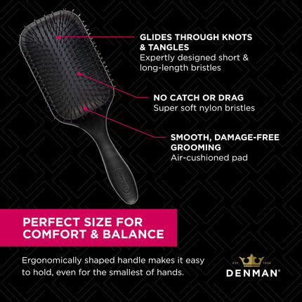 Denman Tangle Tamer Ultra (Black) Detangling Paddle Brush For Curly Hair And Black Natural Hair - use with both Wet & Dry Hair, D90L