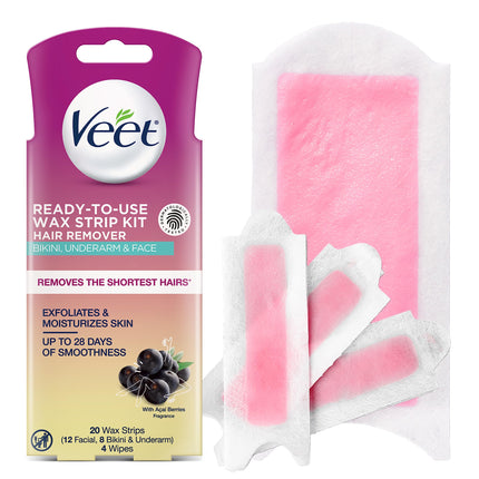 VEET Wax Strips Hair Removal Kit for Face, Underarms, Bikini, Dermatologically Tested, 20ct Wax Strips, 2 Sizes with Shea Butter & 4ct Wipes for At Home Waxing