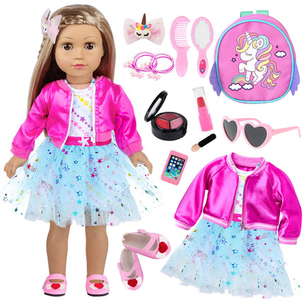 American 18 Inch Doll Clothes and Makeup Accessories Set Includes 18 Inch Doll Clothes Backpack Sunglasses Phone Shoes Comb Mirror Eye Shadow Lipstick Hair Clip Hair Tie for 18 Inch Doll