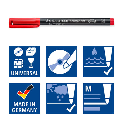 Staedtler 317-2 Lumocolor Universal Permanent Medium Pens - Red, Pack of 10 (317-2 VE)