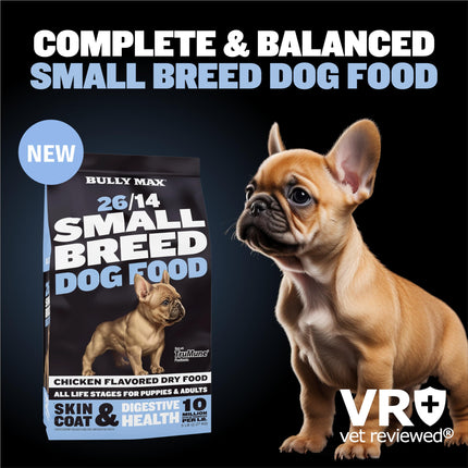 Bully Max 26/14 Small Breed Dry Dog Food for Skin, Coat & Sensitive Stomach - Chicken & Rice, Dry Soft Kibble Bites for Puppies, Adult & Senior Dogs - Natural French Bulldog Puppy Food, 5 lbs