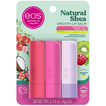 eos Natural Shea Lip Balm, Honey Apple, Coconut Milk & Raspberry Kiwi Splash, All-Day Moisture, Lip Care Products, 0.14 oz, 3-Pack