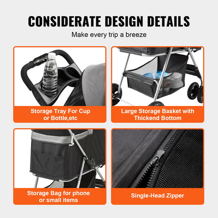 VEVOR 3 in 1 Dog Stroller For Medium Small Dogs Up to 35lbs, 4 Wheels Folding Pet Stroller For Dogs Cats With Detachable Carrier, Portable Cat Puppy Jogging Stroller With Storage Basket and Cup Holder