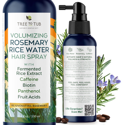 Tree to Tub Rosemary Water Spray for Hair - Fermented Rice Water Spray to Nourish Dry Scalp for Women & Men - Caffeine & Rosemary Water for Hair to Strengthen & Support Natural Growth