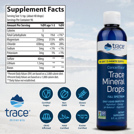 Trace Minerals ConcenTrace Drops | Full Spectrum Minerals | Ionic Liquid Magnesium, Chloride, Potassium | Low Sodium | Energy, Electrolytes, Hydration | 6 Day Supply, 0.5 fl oz (Pack of 1)