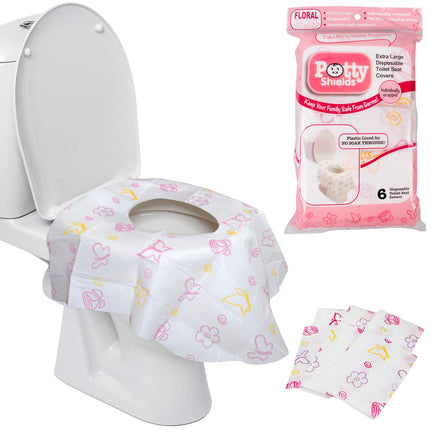 Potty Shields Toilet Seat Covers Disposable (6 Pack, Floral) - XL Waterproof Toilet Cover for Toddlers, Kids & Adults - Portable & Individually Wrapped for Travel, Potty Training & Public Restrooms