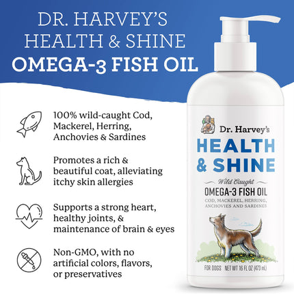 Dr. Harvey's Health & Shine Omega 3 Fish Oil for Dogs from Wild Caught Cod, Mackerel, Herring, Anchovies and Sardines - Supports Beautiful Fur, Strong Joints and Itchy Allergy Relief (16 FL OZ)