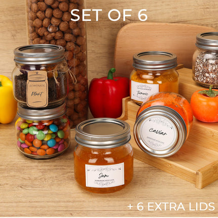 Eathtek Small Mason Jars 8oz/240ml with Regular Lids, 6 Pack Glass Canning Jars With Labels, Mini Glass Jars for Jam Jelly Spice Honey Herbs, Wedding Shower Favors Food Storage Candle Jars