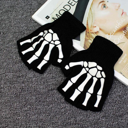 Tulips Lake Fingerless Skeleton Gloves and Skull Mask Glow in Dark Unisex Hand Riding Knit Gloves for Kids Children's Day Gift Face Mask Glove Set