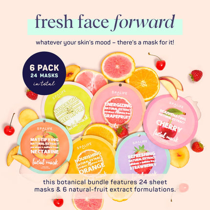 SpaLife Beauty Fruit Facial Sheet Masks 24 Pack – Face Masks Skincare Set – Hydrating Face Masks – 6 Natural Fruit Extract Formulas –Orange, Grapefruit, Strawberry, Cherry, Nectarine, Red Apple
