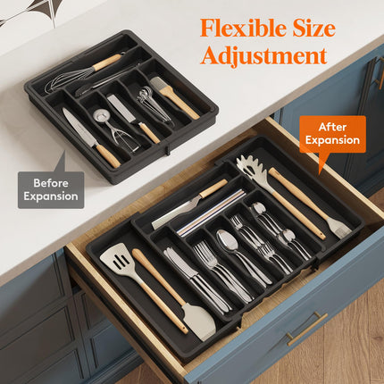 Lifewit Silverware Drawer Organizer, Expandable Utensil Organizer for Kitchen Drawers, Adjustable Cutlery and Flatware Tray, Plastic Spoons Forks Knives Holder Storage Dividers, Large, Black