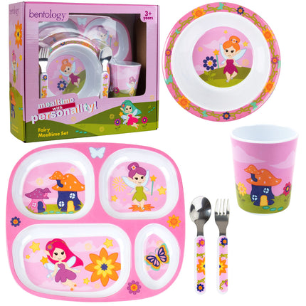 5 Pc Mealtime Set for Kids & Toddlers, Fairy Theme- Includes Divided Plate Cup Bowl Fork Spoon- Dishwasher Safe, BPA Free- Cute Compartment Dish to Put Food in 4 Sections for Easy Self-Feeding