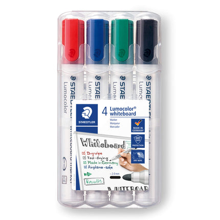 Buy Staedtler Lumocolor Whiteboard Marker, Wide Bullet Tip, Box of 4 Assorted Colors (Red, Blue, Green, Black), 351 WP4 in India India