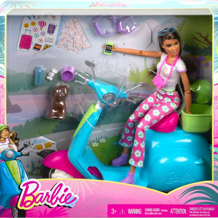Barbie Fashionistas Doll and Scooter, Travel Playset with Stickers, Pet Puppy and Themed Accessories Like Map and Camera (Amazon Exclusive)