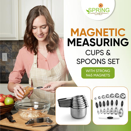 Spring Chef Magnetic Measuring Cups and Spoons Set with Strong N45 Magnets, Heavy Duty Stainless Steel, Fits in Most Kitchen Spice Jars for Baking & Cooking, BPA Free, Set of 15 with Leveler, Black