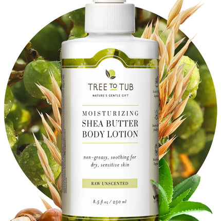 Tree to Tub Unscented Shea Butter Body Lotion for Dry Skin - Fragrance Free Sensitive Skin Lotion for Women & Men, Vegan Body Moisturizer w/Organic Aloe Vera, Cocoa Butter, Natural Colloidal Oatmeal
