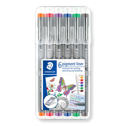 STAEDTLER 30803-SSB6 Pigment Liner Pens - Assorted Colours, 0.3 mm (Set of 6)