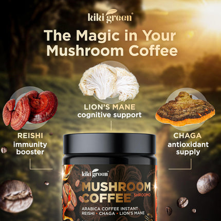 Buy KIKI Green Mushroom Coffee - Instant Arabica Brew with Reishi, Chaga, Lion's Mane - Everyday Cof in India