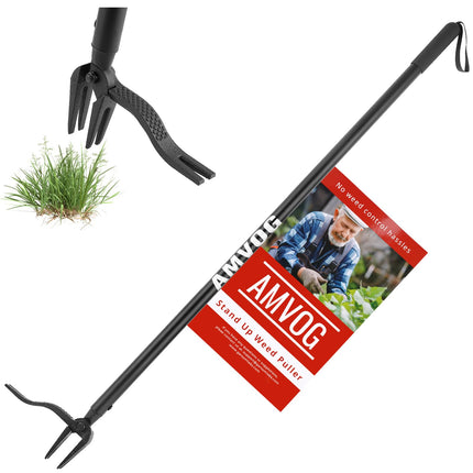AMVOG 46-Inch Stand-Up Weed Puller - Reinforced Upgraded Version with Long Handle, Made of Aluminum Alloy Design, Roots Remover for Garden & Lawn Care, Easily Remove Weeds Without Bending