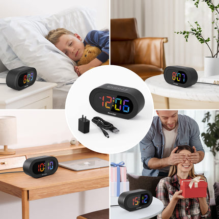 REACHER Small Digital Rainbow LED Alarm Clock with Snooze, Easy to Use, Full Range Brightness Dimmer, Adjustable Alarm Volume, Outlet Powered, Compact Clock for Bedroom, Bedside, Desk, Shelf…